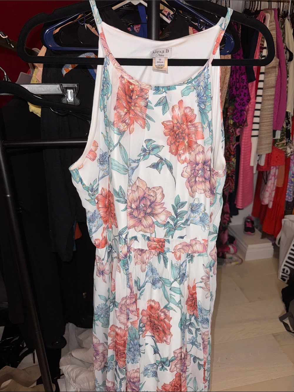 Alexa B White Floral Maxi Dress with Coral and Teal Print
